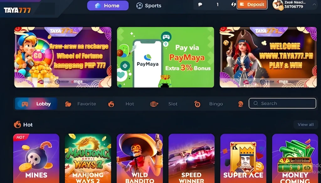 Taya 777  main menu image.