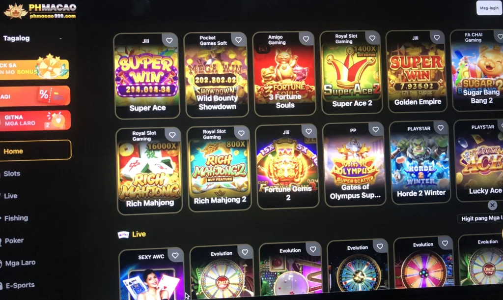 PHMacao Casino games menu.