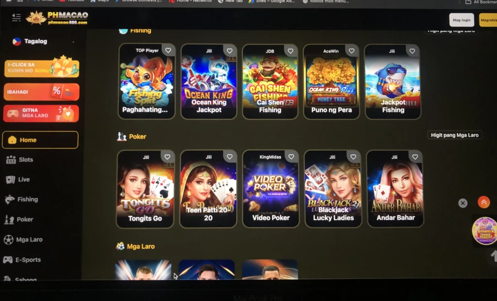 PHMacao Casino games menu.